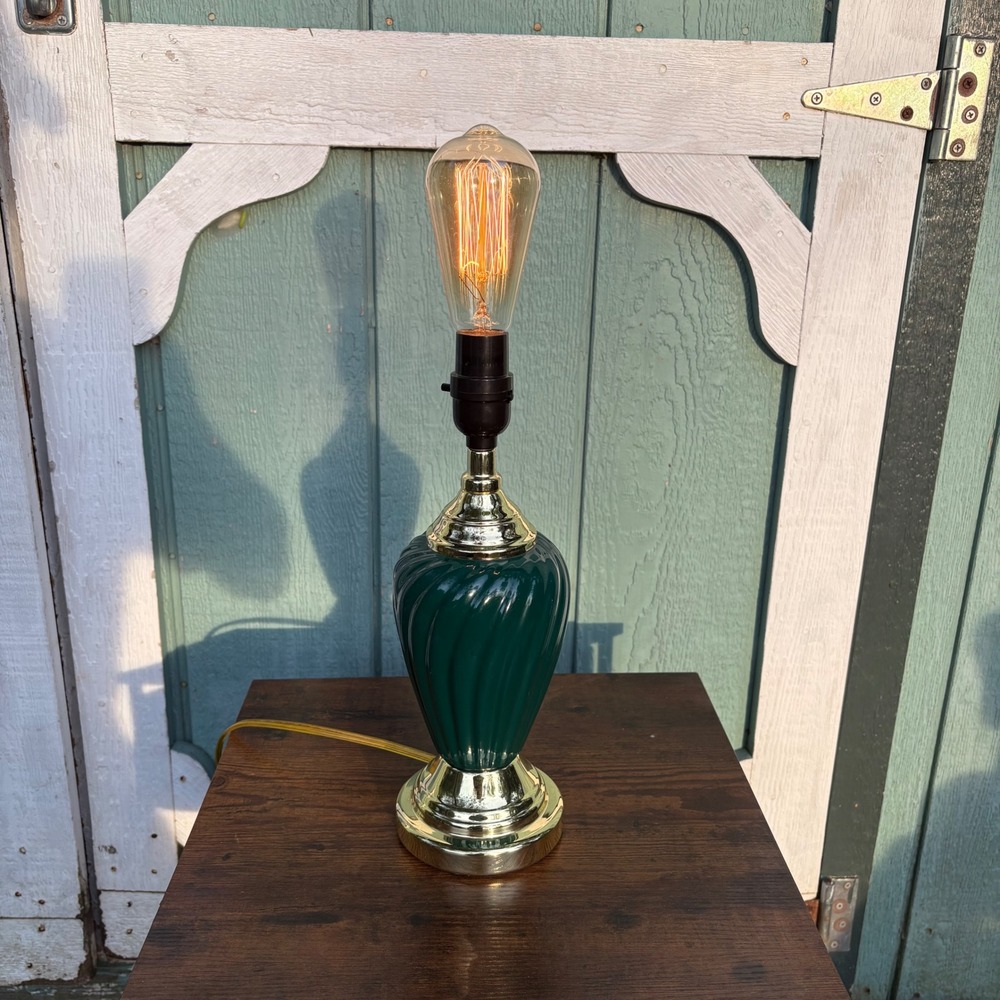 Vintage Hunter Green Swirl Ceramic Table Lamp Gold Base Edison Bulb Accent Light